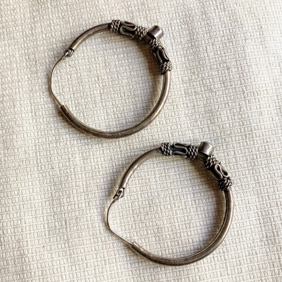 Vintage Large Turquoise Sterling Silver 925 Bali Style Inlay Hoop Post Earrings - Picture 5 of 16